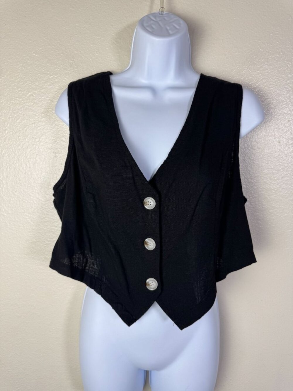 Shein Curve Black Button Up Sleeveless Vest size XL V-Neck Linen Blend Preppy